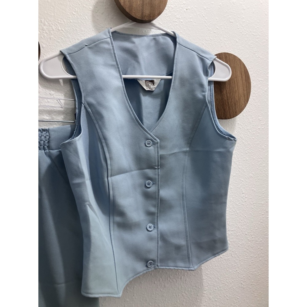 VTG 1970s Women's XS/S 2 Piece Set Powder Blue Button Up Vest & Wide Leg Pants - Picture 2 of 16